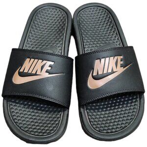 ❤️2/$18 Nike Benassi JDI Slip On Slides Sandals Black Rose Gold Slippers 8